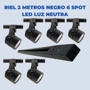 Riel 2 Metros Negro Con 6 Spot Led Luz Neutra
